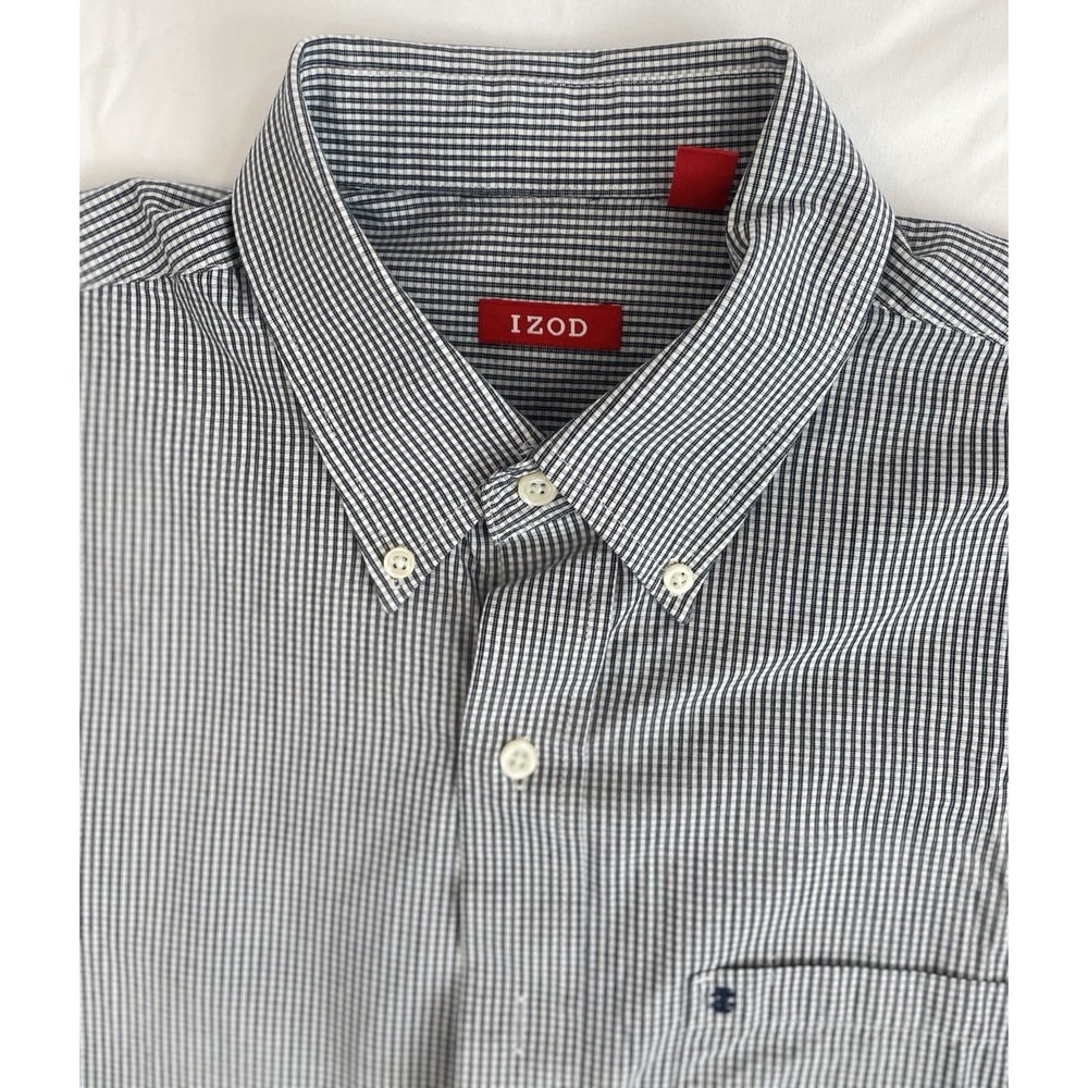 Izod Mens Large Button Down Shirt Black White  Checkered Gingham Plaid Preppy